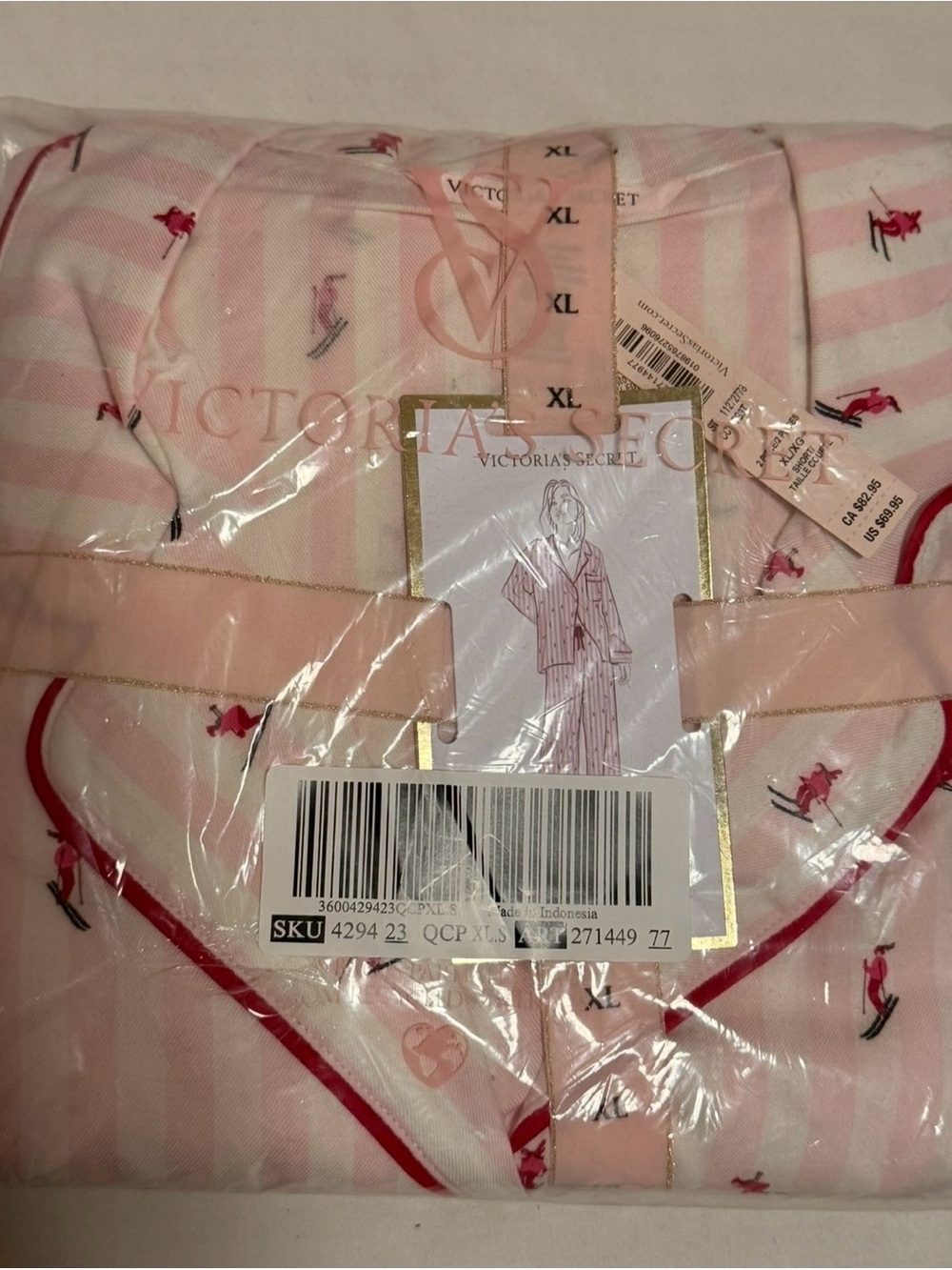 Victoria's Secret Pink Striped Satin Pajama Set with Red Trim - XL